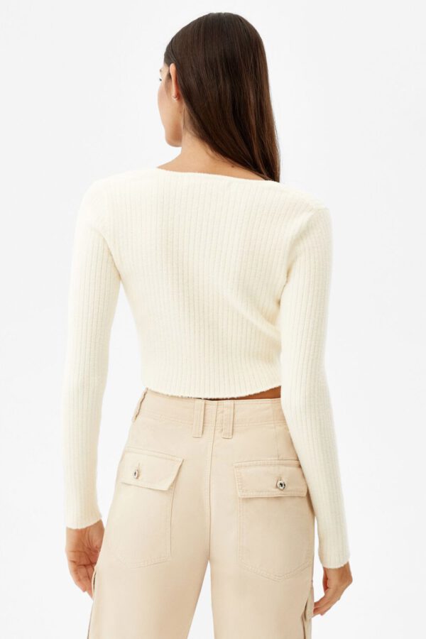 Ribbed V-Neck Cardigan With Rhinestone Detail - Hình ảnh 2