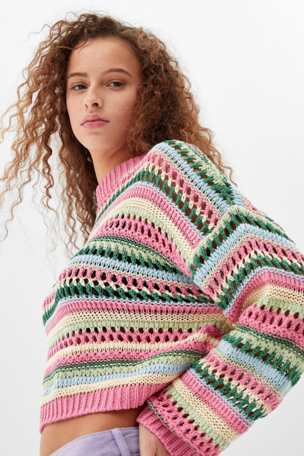 Multicolored Open-Knit Crewneck Sweater - Hình ảnh 4
